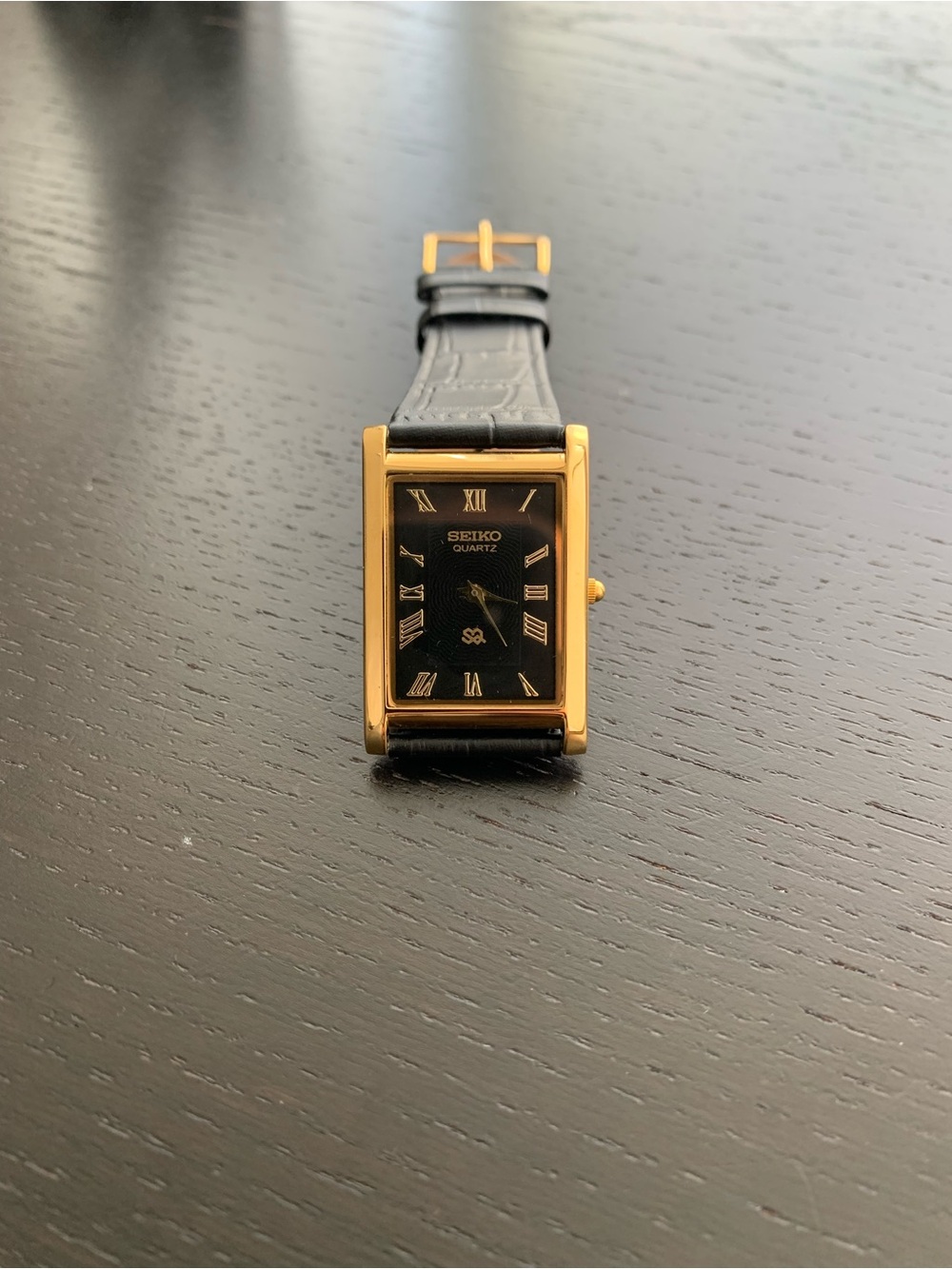 Vintage Seiko Tank watch Black dial Gold bezel with Black Strap